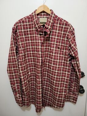 Cabela's Men's Burgundy and Cream Plaid Button-Down Shirt Outdoor Series